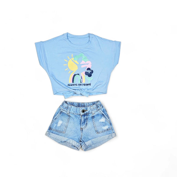 Short denim + blusa bailarina