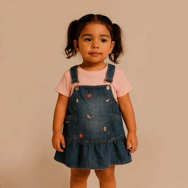 61987 Conjunto jardinera denim bordada + camiseta niña