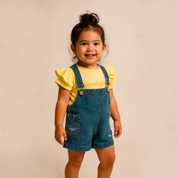 62013 Conjunto niña overol denim corto + camiseta con volantes